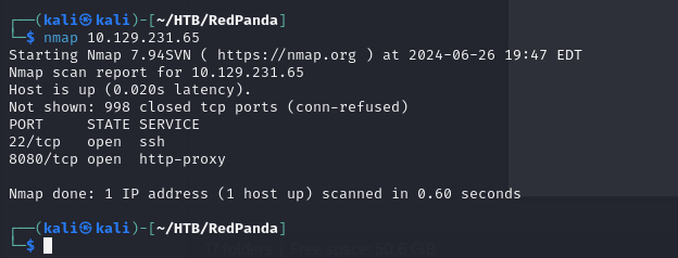 Nmap results showing SSH on 22 and Spring Boot on 8080