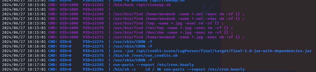 pspy64 showing the root cron running the log parser