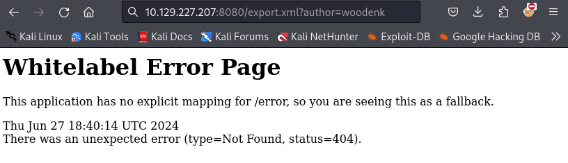 The /export.xml endpoint showing the woodenk_creds.xml structure