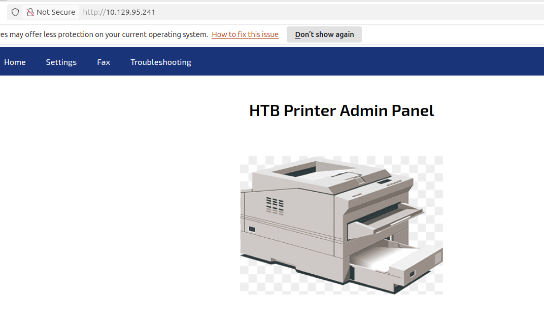 The printer admin panel home page