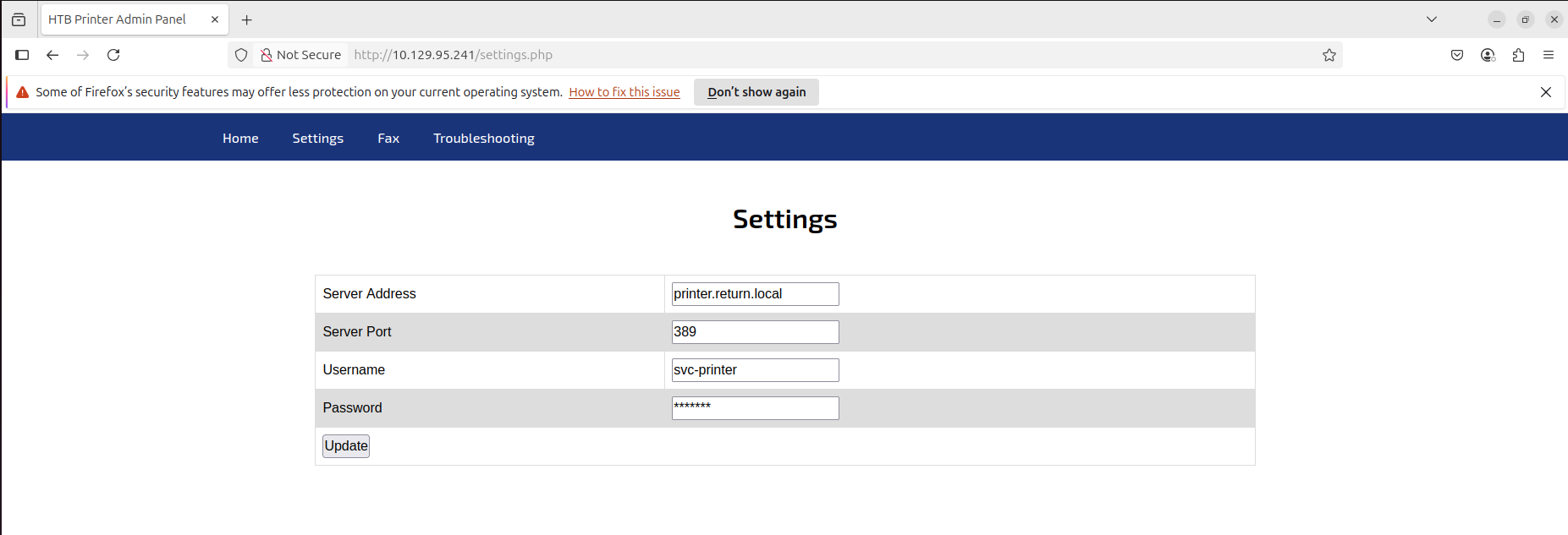 The Settings page showing the LDAP server address and password fields
