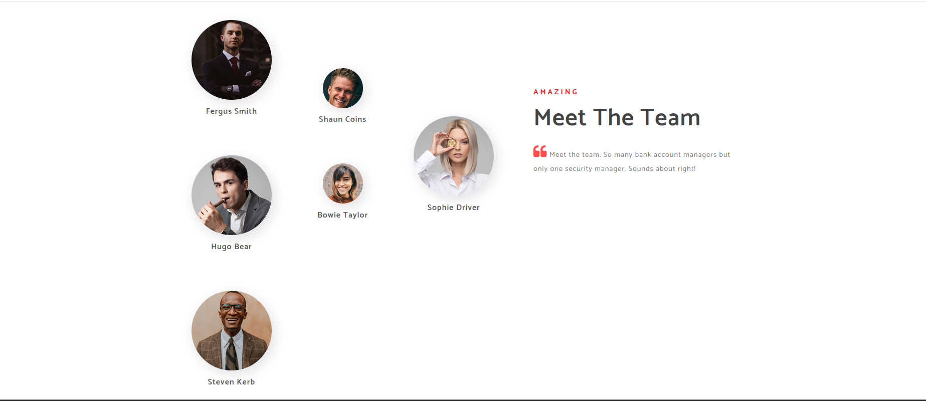 The Egotistical Bank team page listing staff names