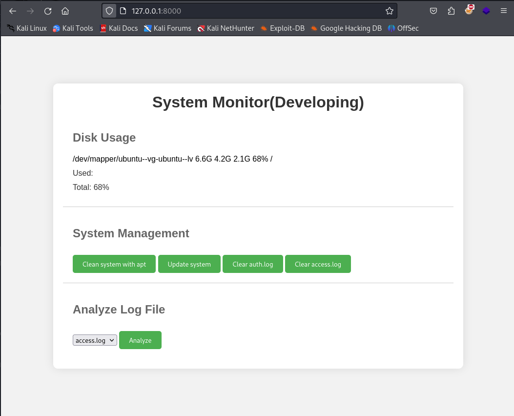 The internal monitoring application accessible via port forward