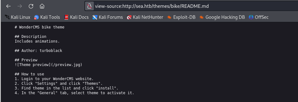 Page source or headers identifying WonderCMS