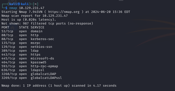 Nmap results confirming a Windows domain controller
