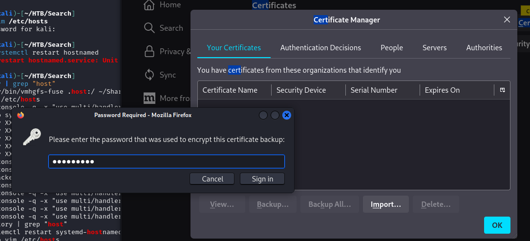 Importing staff.pfx into Firefox certificate manager