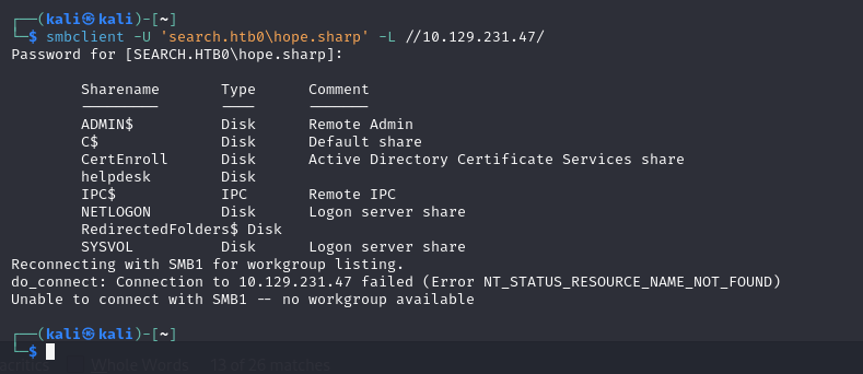 SMBclient confirms hope.sharp credentials are valid