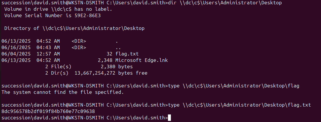 dir \\dc\C$ confirming domain admin file access