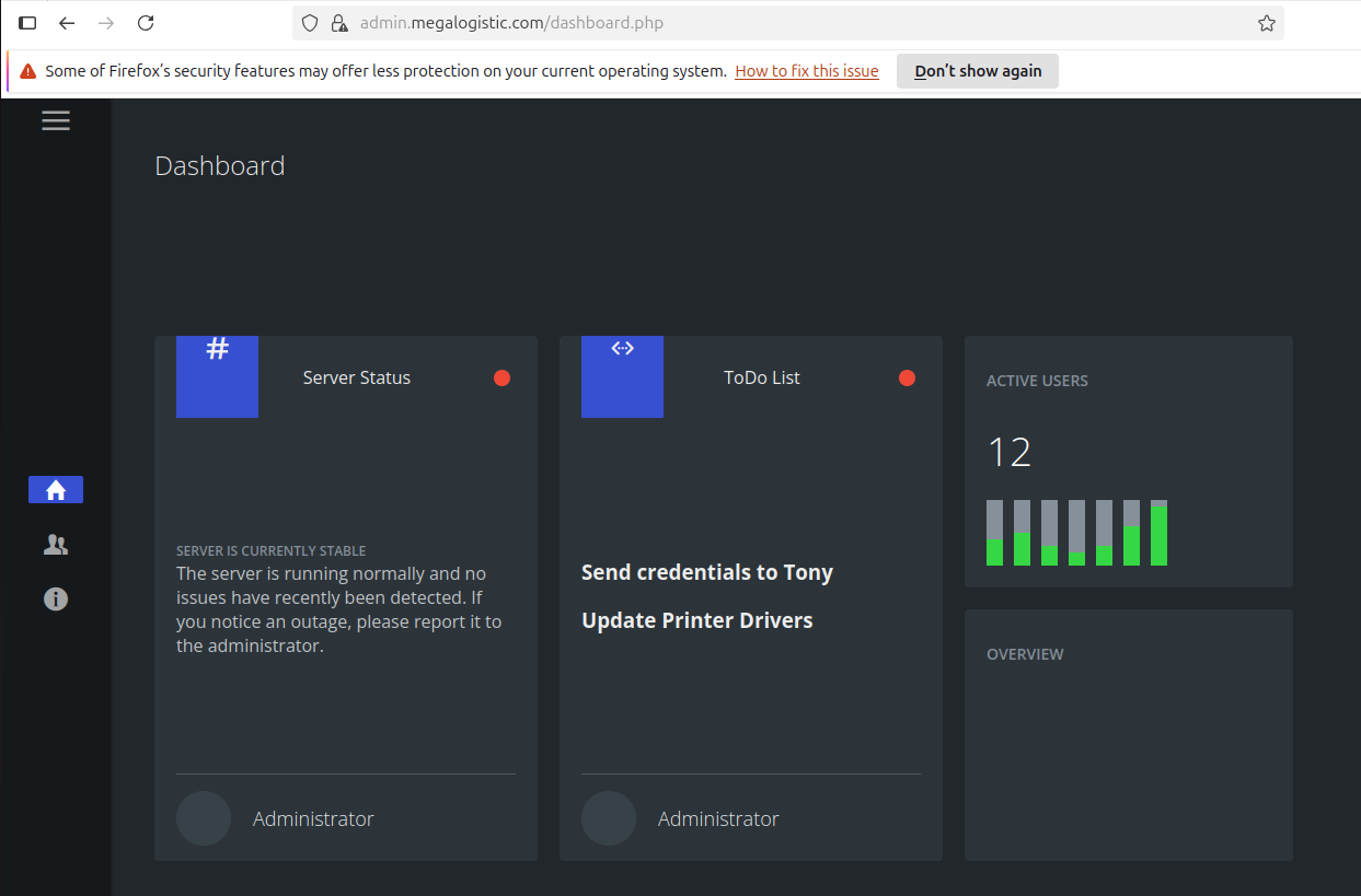 Admin dashboard after login — includes a todo: “Send creds to tony”