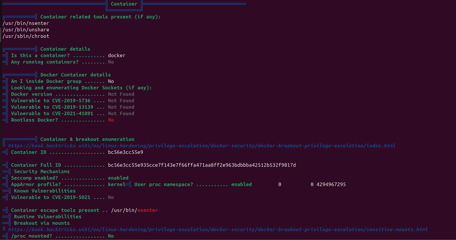 linpeas output inside the container, highlighting nsenter