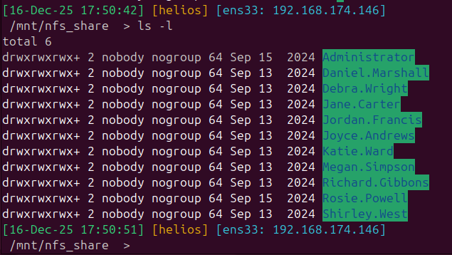 NFS share directory listing showing all profile directories