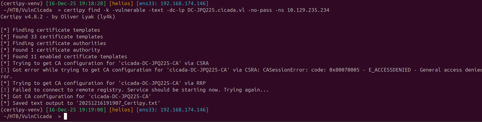 Certipy find output identifying the CA and vulnerabilities